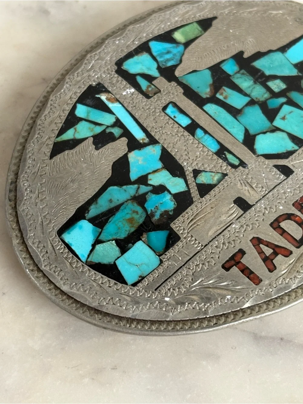 Vintage Silver Overlay Belt Buckle with Turquoise Inlay VTG Western Southwestern